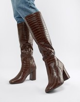 New Look - Bottes hautes à talon et bout carré style croco - Fauve